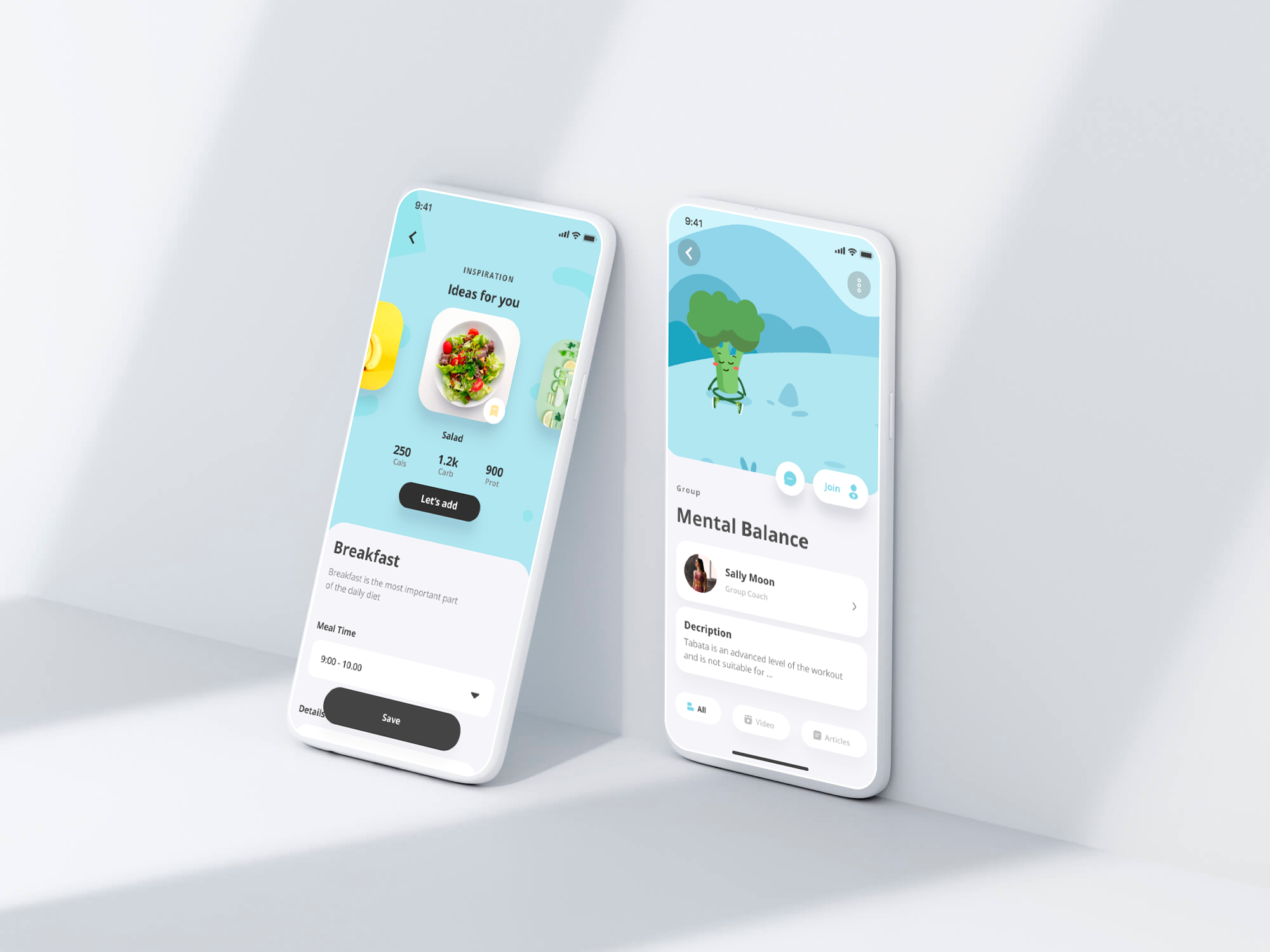 Two phones with a meal suggestion screen and a group wellbeing page