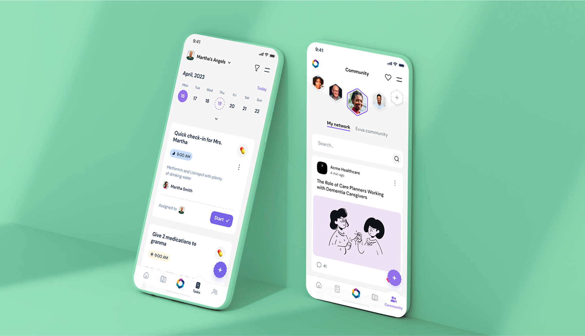 Care task schedule with weekly calendar beside a community feed of posts