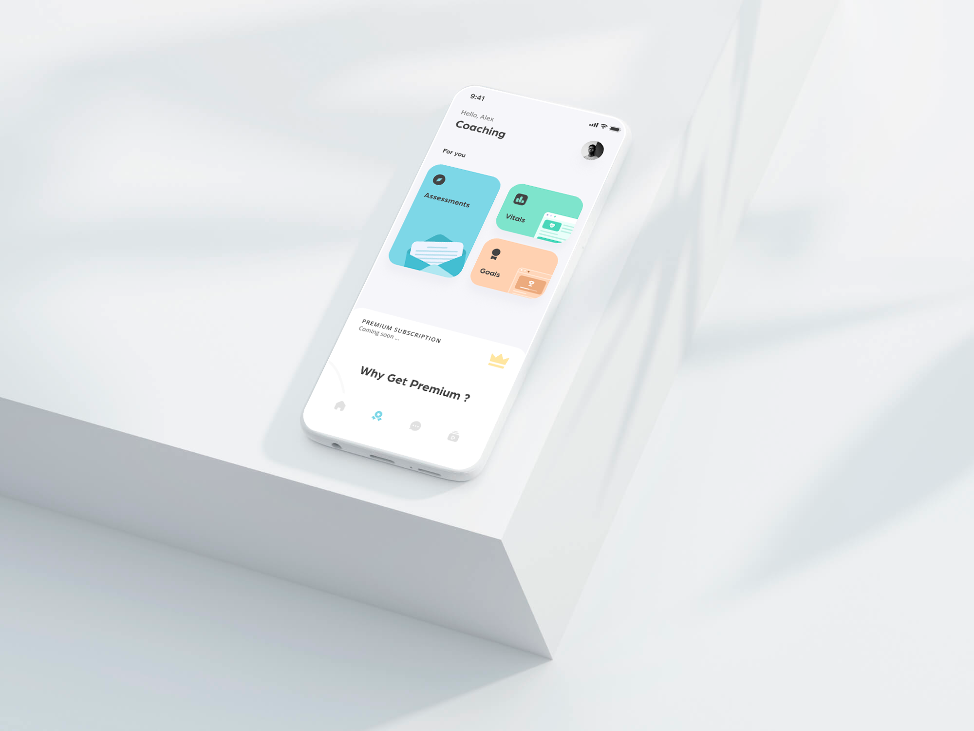 Coaching hub with assessment, vitals and goals tiles above a premium teaser