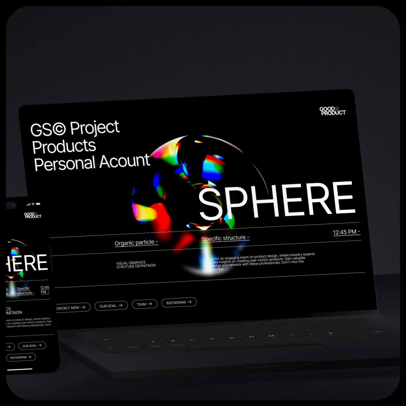 Studio landing page on a laptop and phone with an iridescent glass sphere