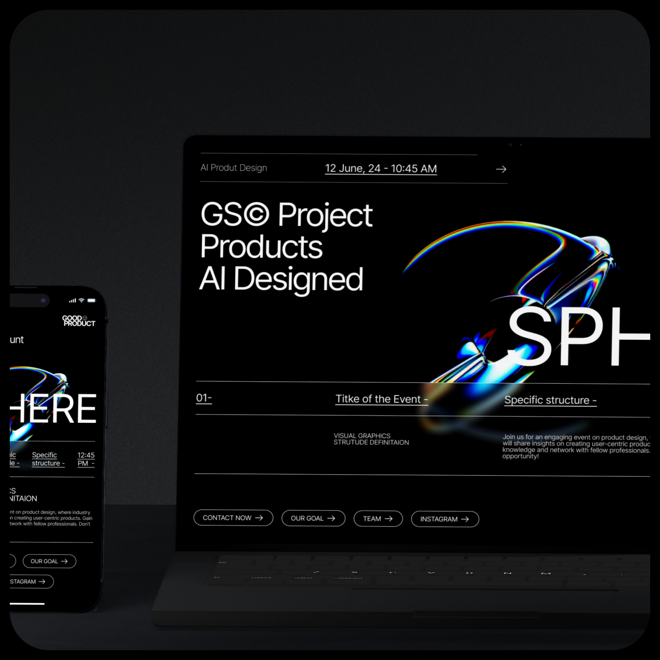 Event landing page on a laptop and phone with a chrome ribbon shape