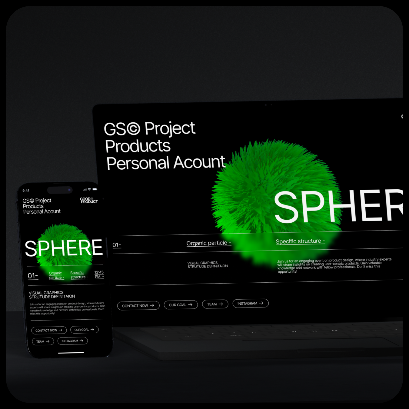 Studio landing page on a laptop and phone with a furry green sphere