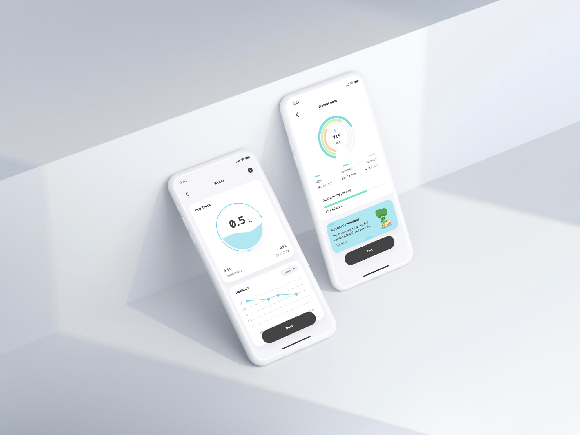 Water intake tracker with weekly chart beside an activity calorie ring