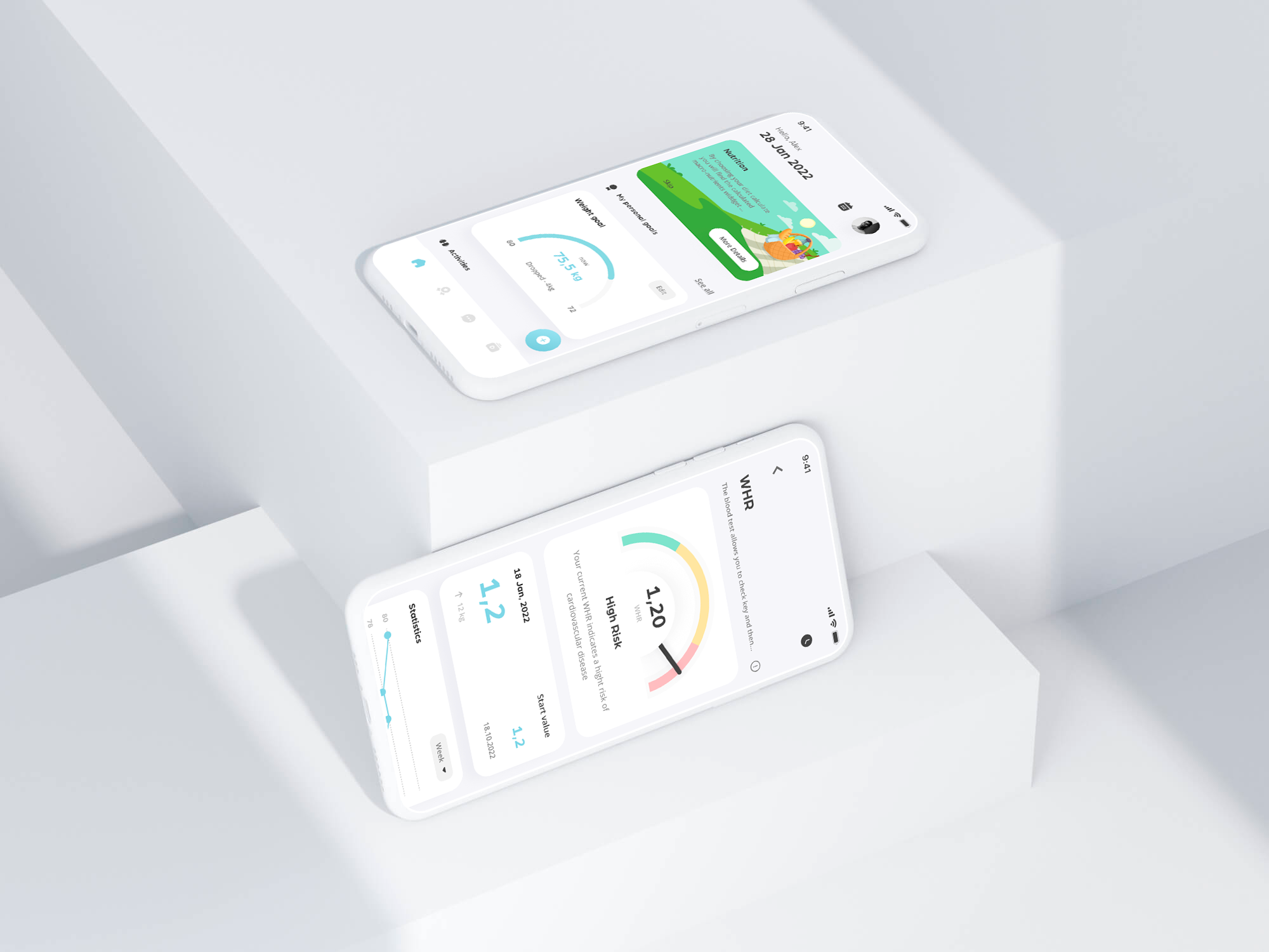 Home dashboard with weight goal gauge and a waist-to-hip risk meter