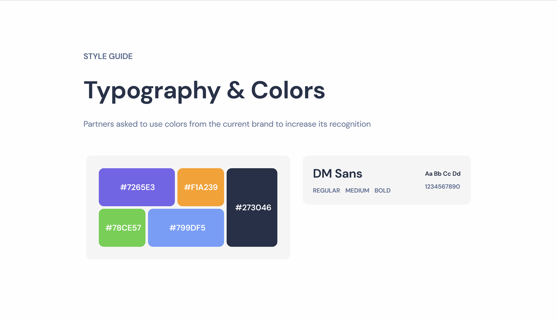 Style guide slide with five colour swatches and a typeface specimen
