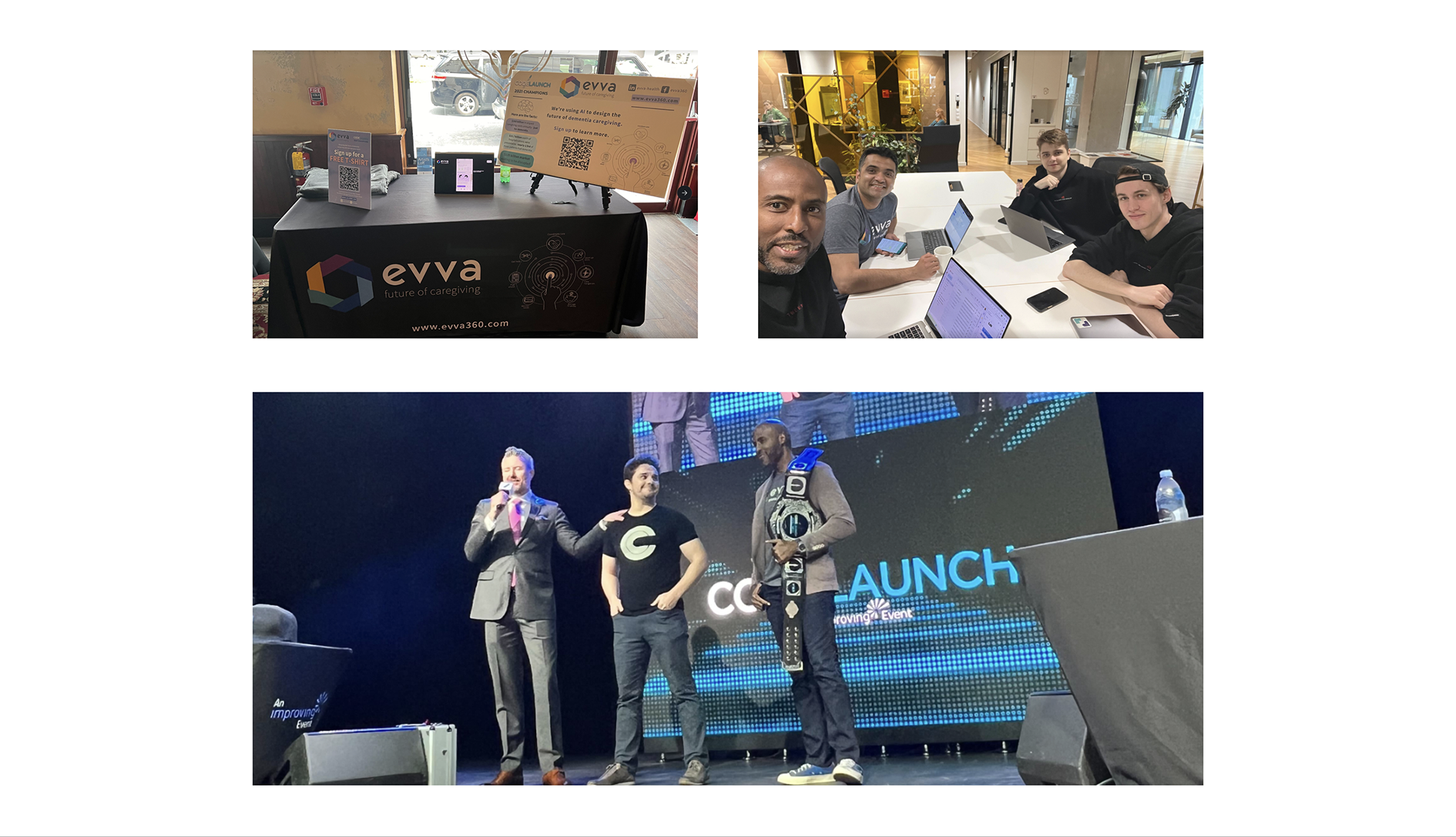 Photo collage of an exhibition stand, team at laptops and stage award