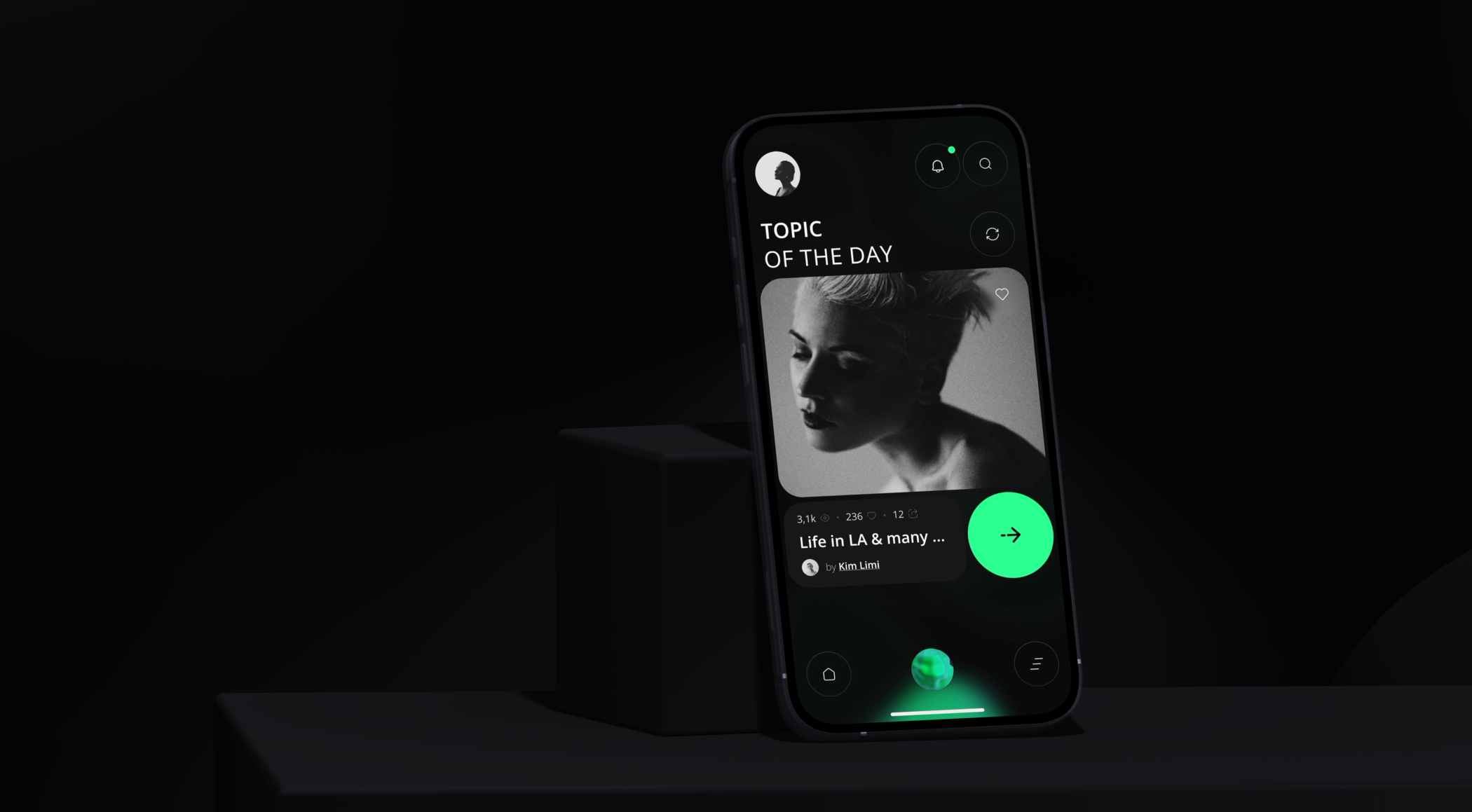 Phone showing a topic of the day story card with a portrait