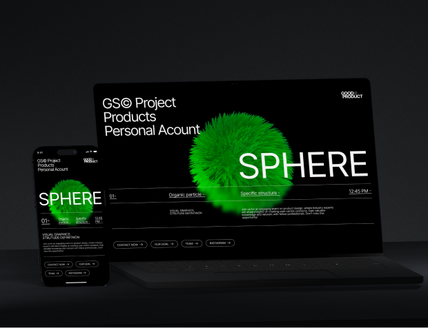 Dark website on a laptop and phone around a furry green sphere