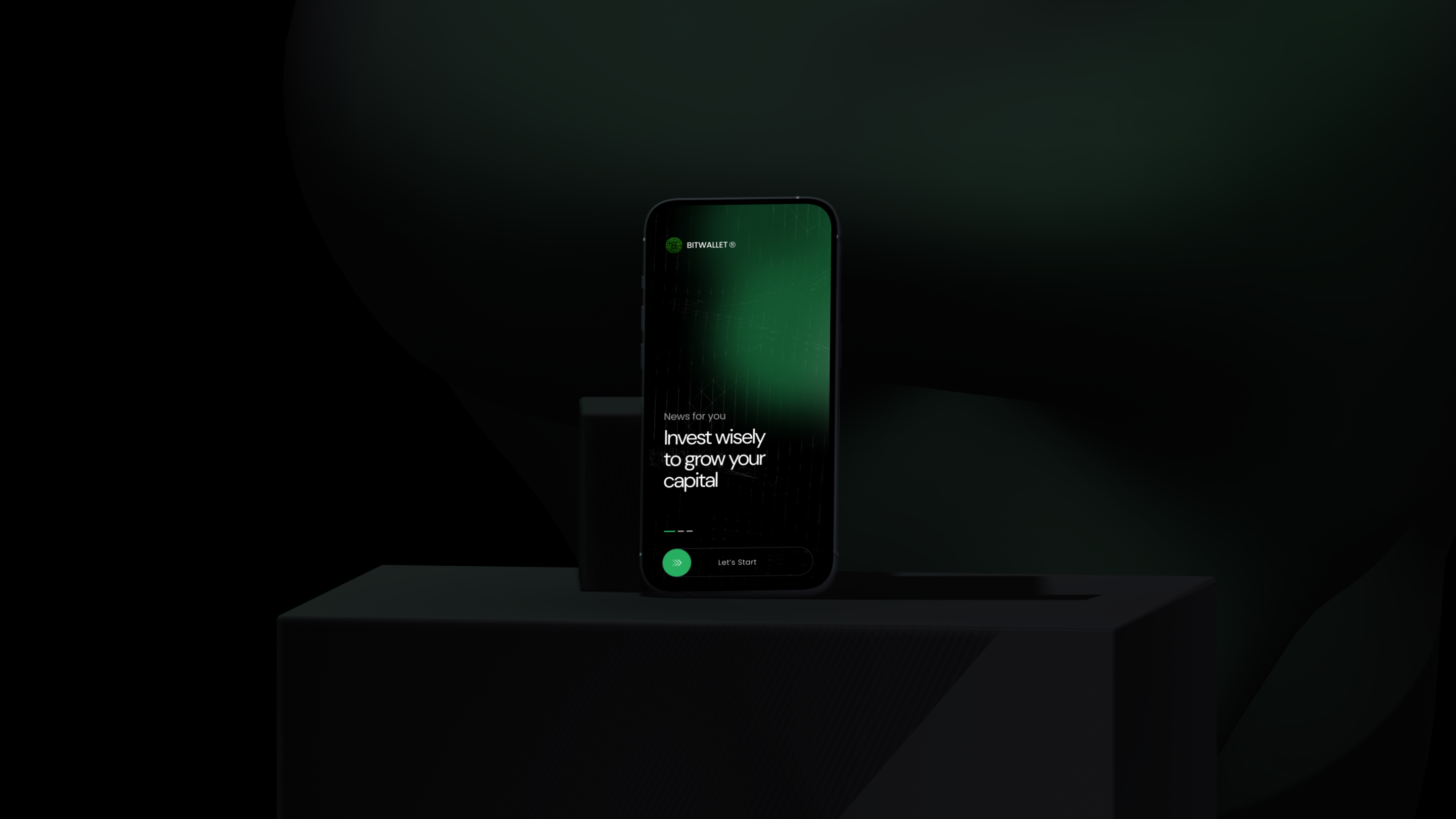 Phone on a plinth with a green-lit investing onboarding screen