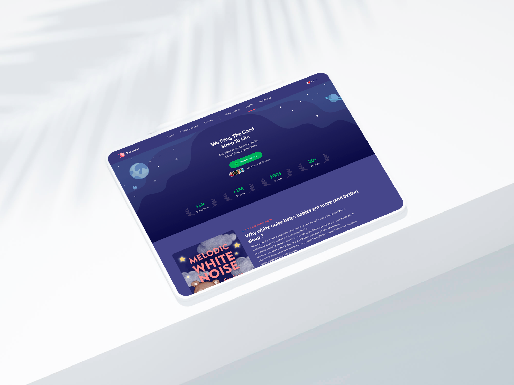 Night-sky landing page promoting white noise playlists with listener statistics