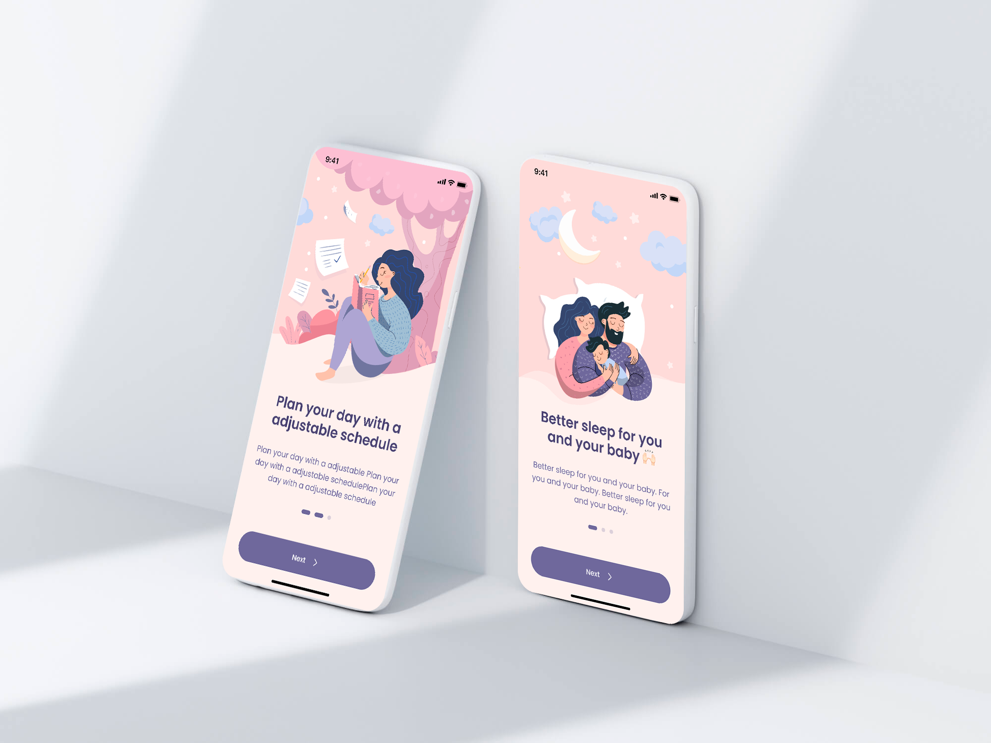 Two illustrated onboarding screens about planning the day and sleeping better