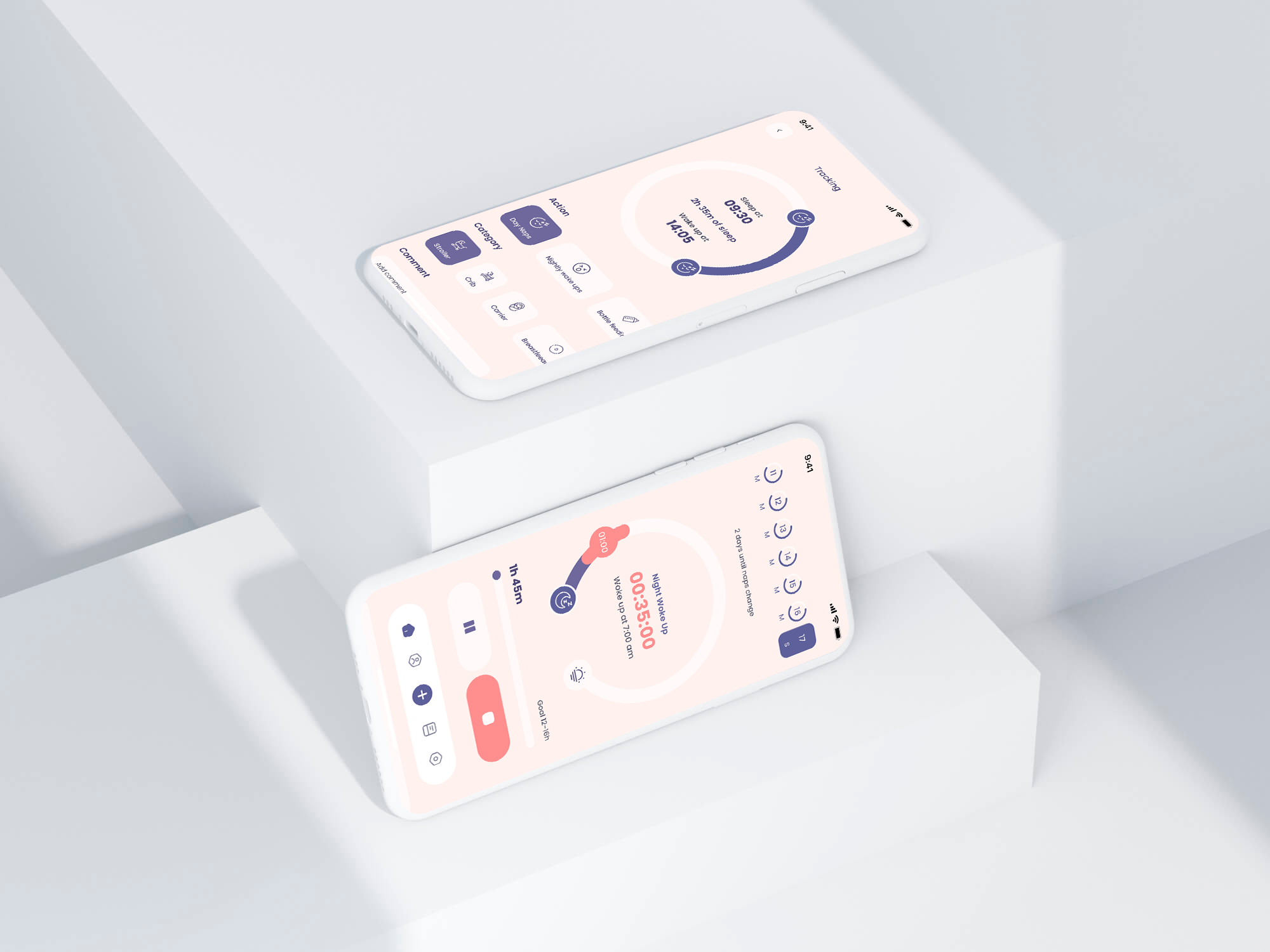 Nap logging dial with sleep categories beside a night wake-up timer