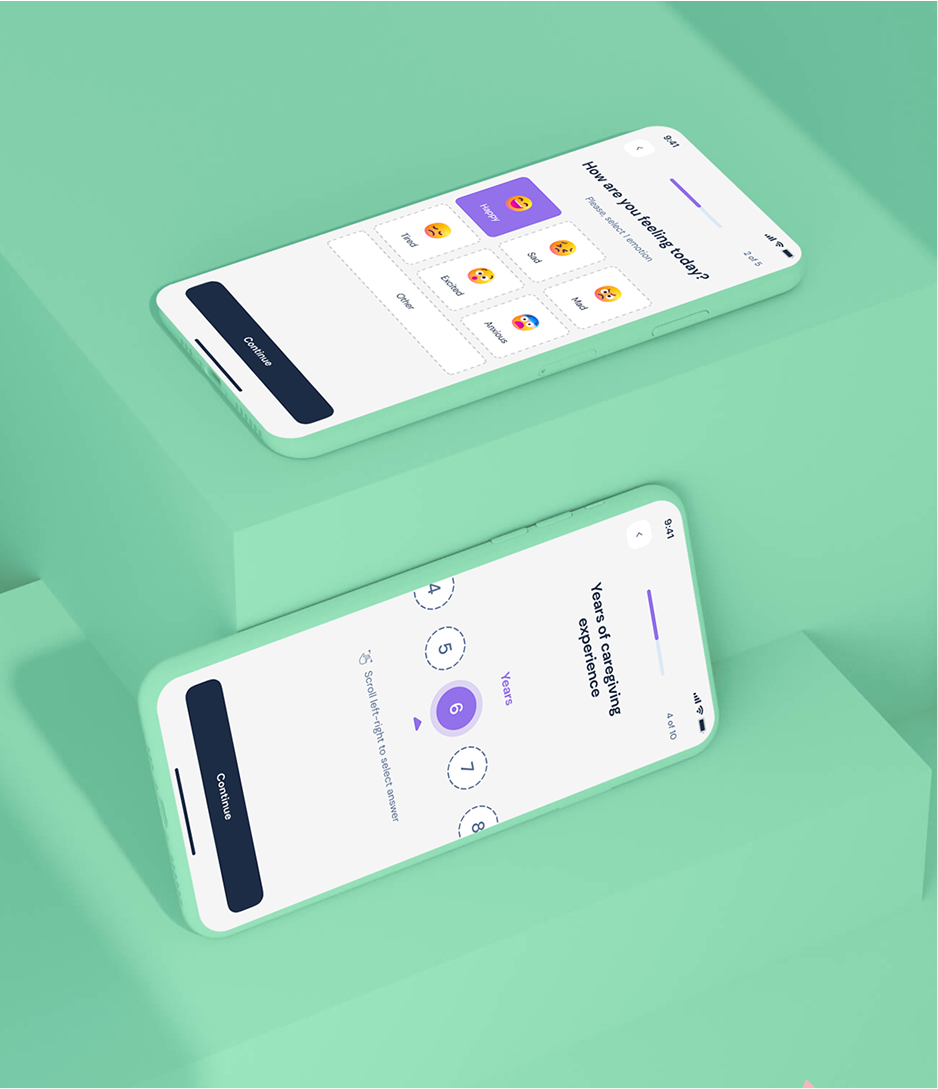 Onboarding questions with an emoji mood grid and a scrolling number picker