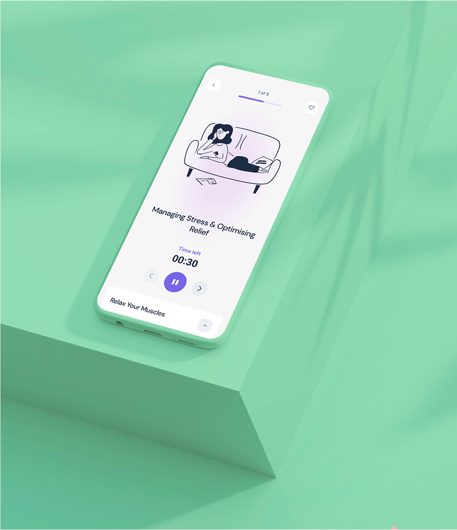 Exercise player with illustration, countdown timer and step progress bar