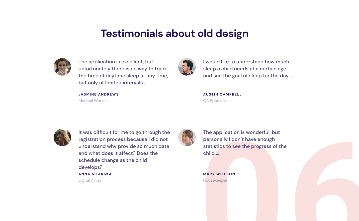 Four user feedback quotes with round portrait avatars