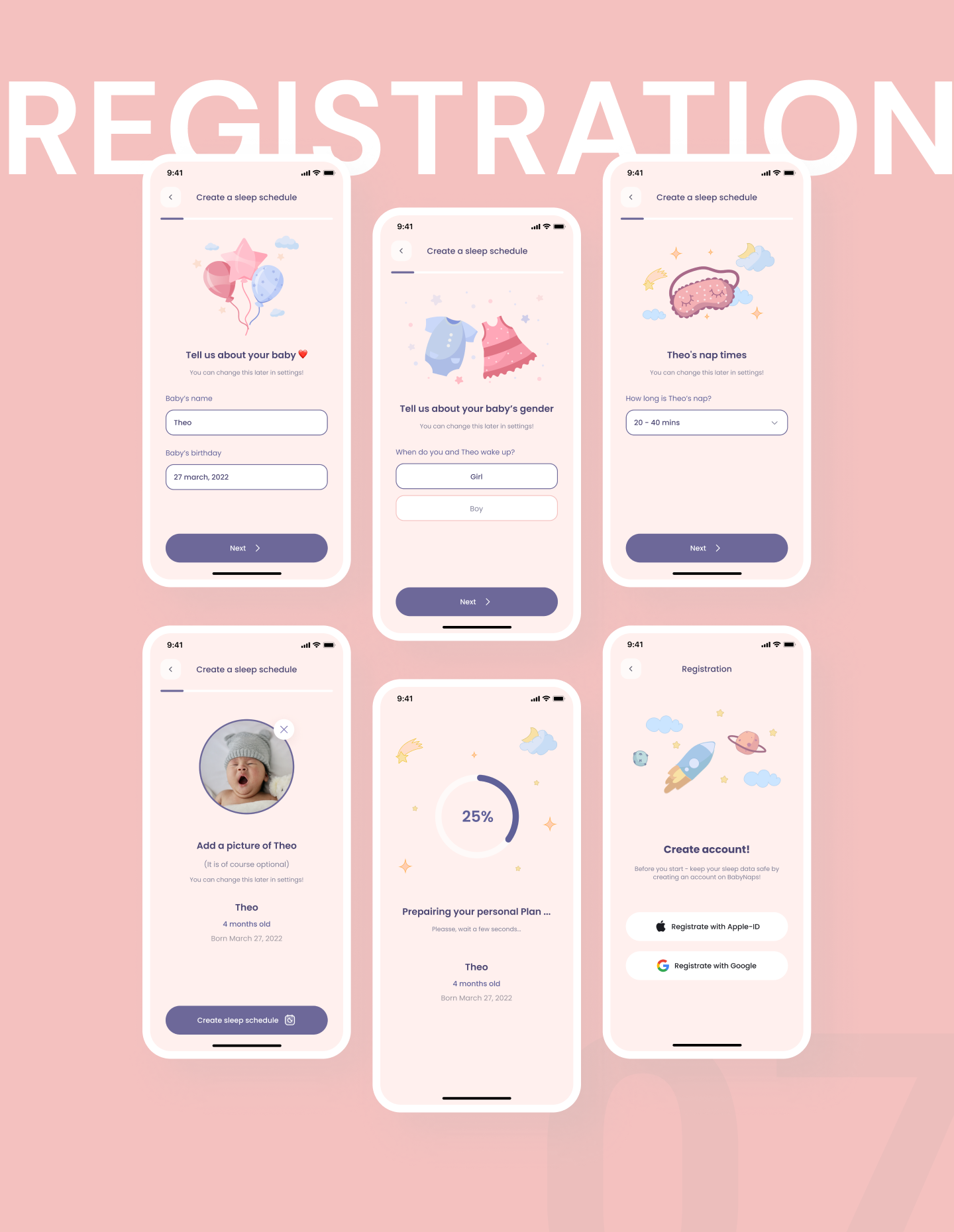 Sleep schedule setup with child details, nap length, photo, loading and sign-up