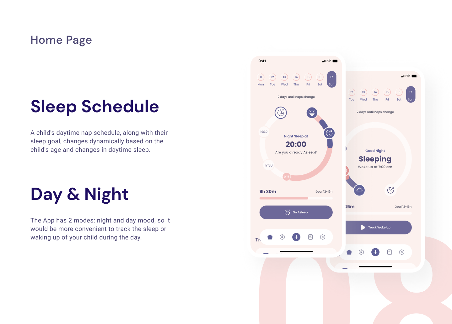 Home screen nap dial shown in bedtime prompt and night sleeping states