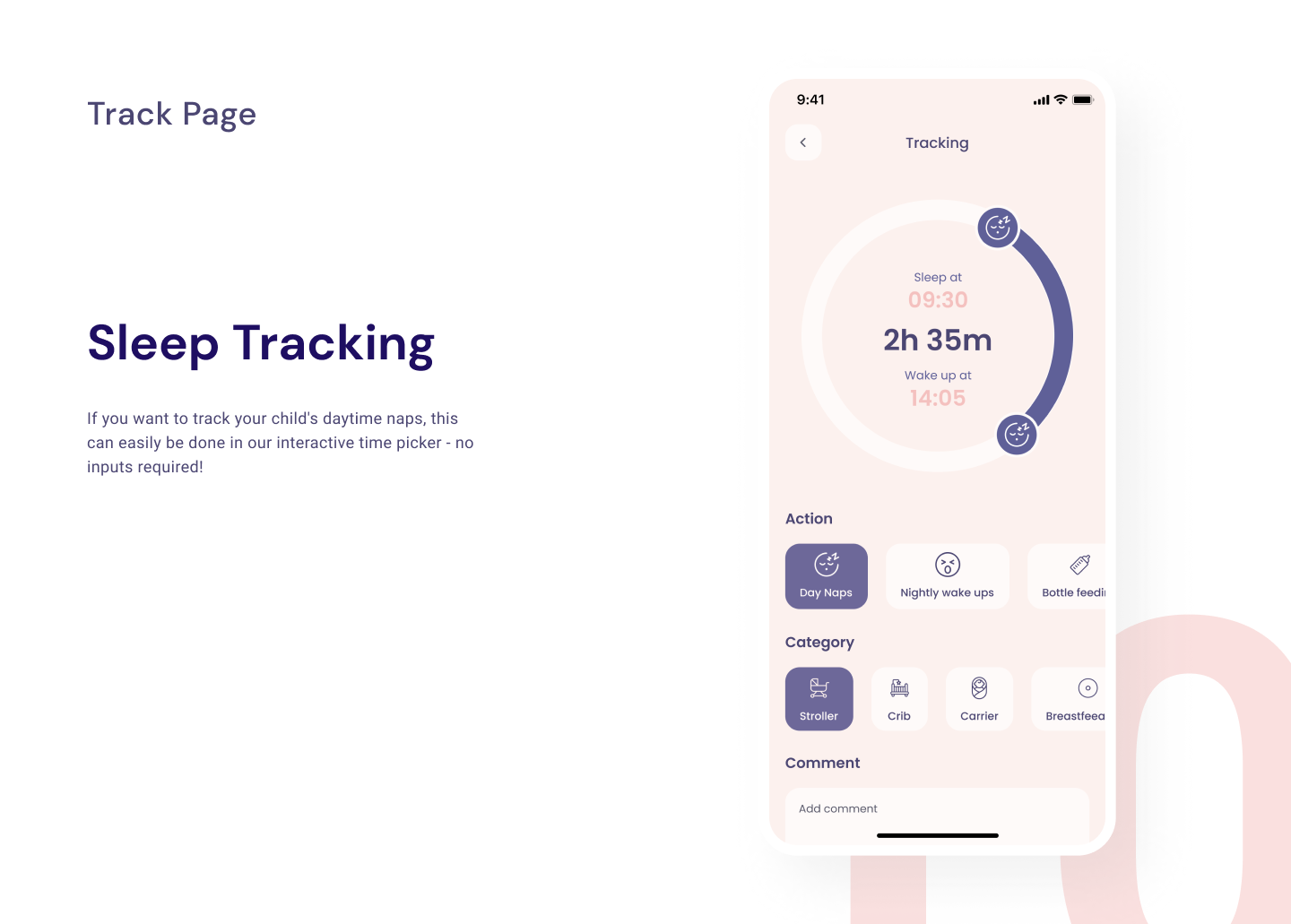 Circular time picker for logging a nap with place and type chips