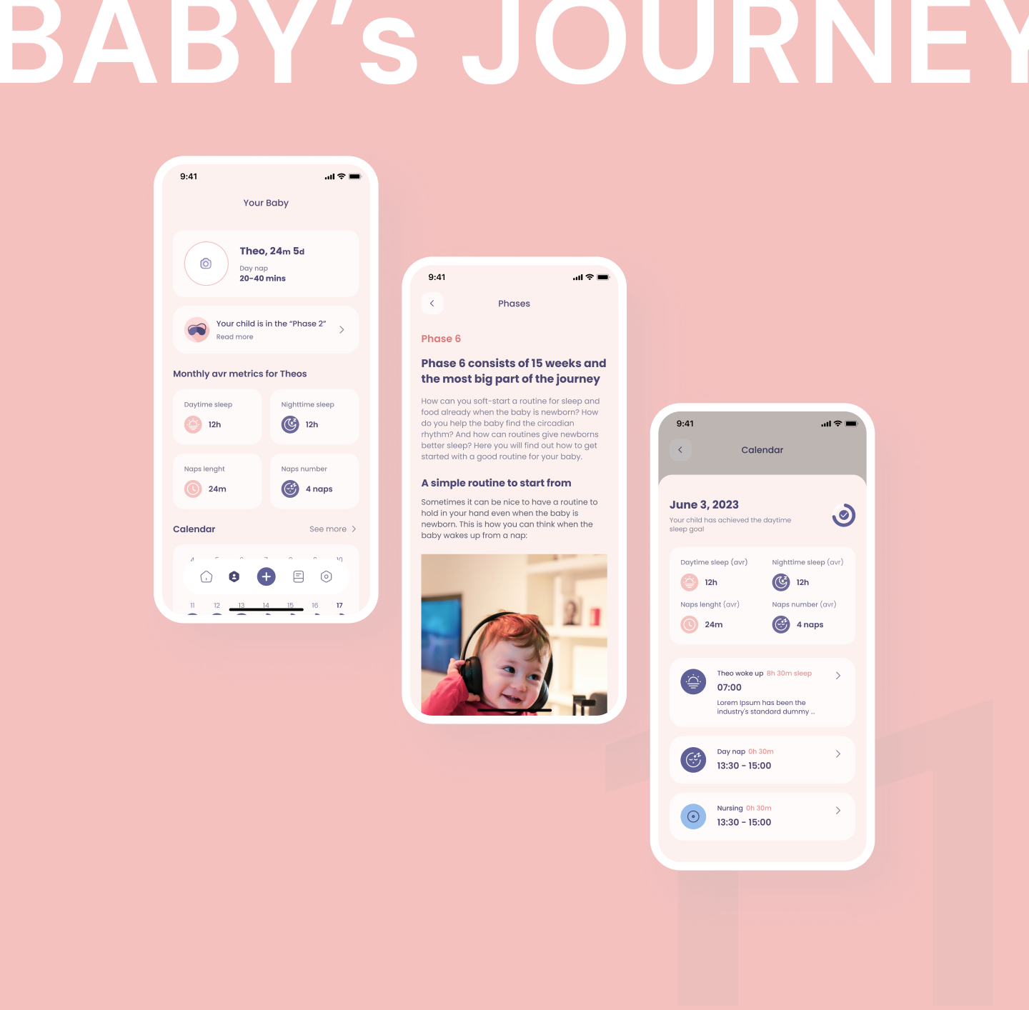Child profile, sleep phase article and daily calendar with nap log