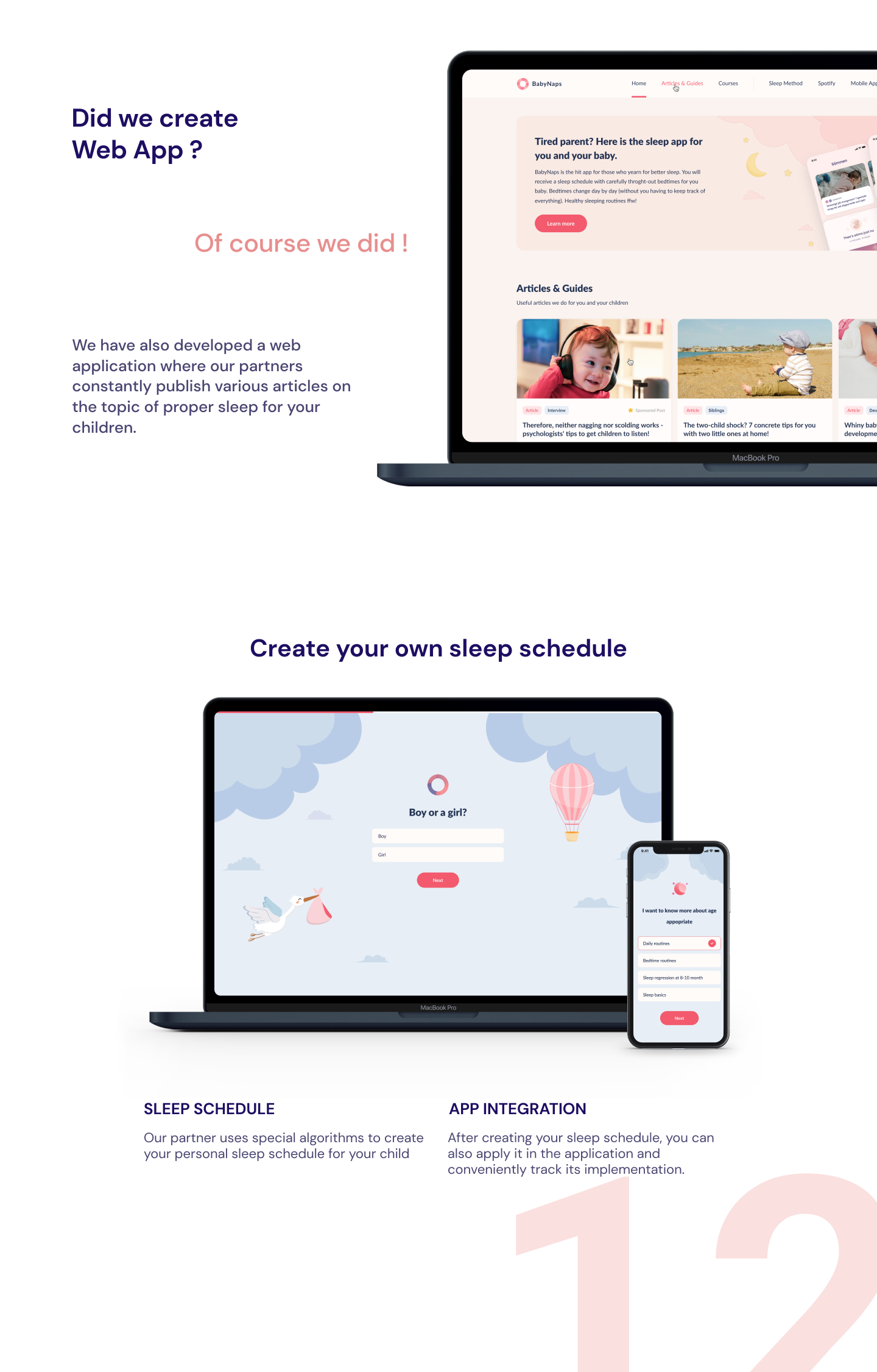 Laptop article hub and a web sleep schedule quiz with phone version