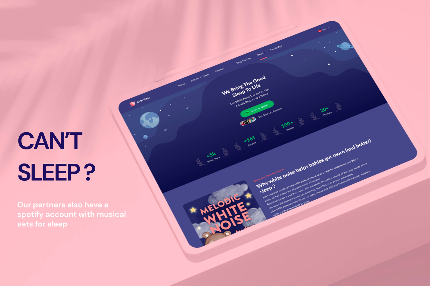 Tablet on a pink plinth showing the night-sky white noise page