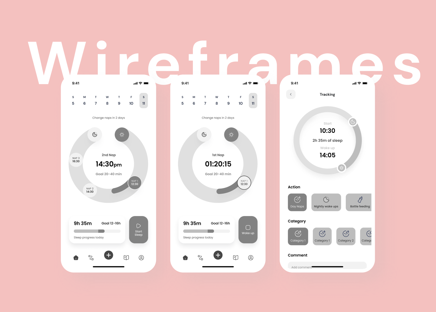 Greyscale wireframes of the nap dial, live timer and sleep entry form