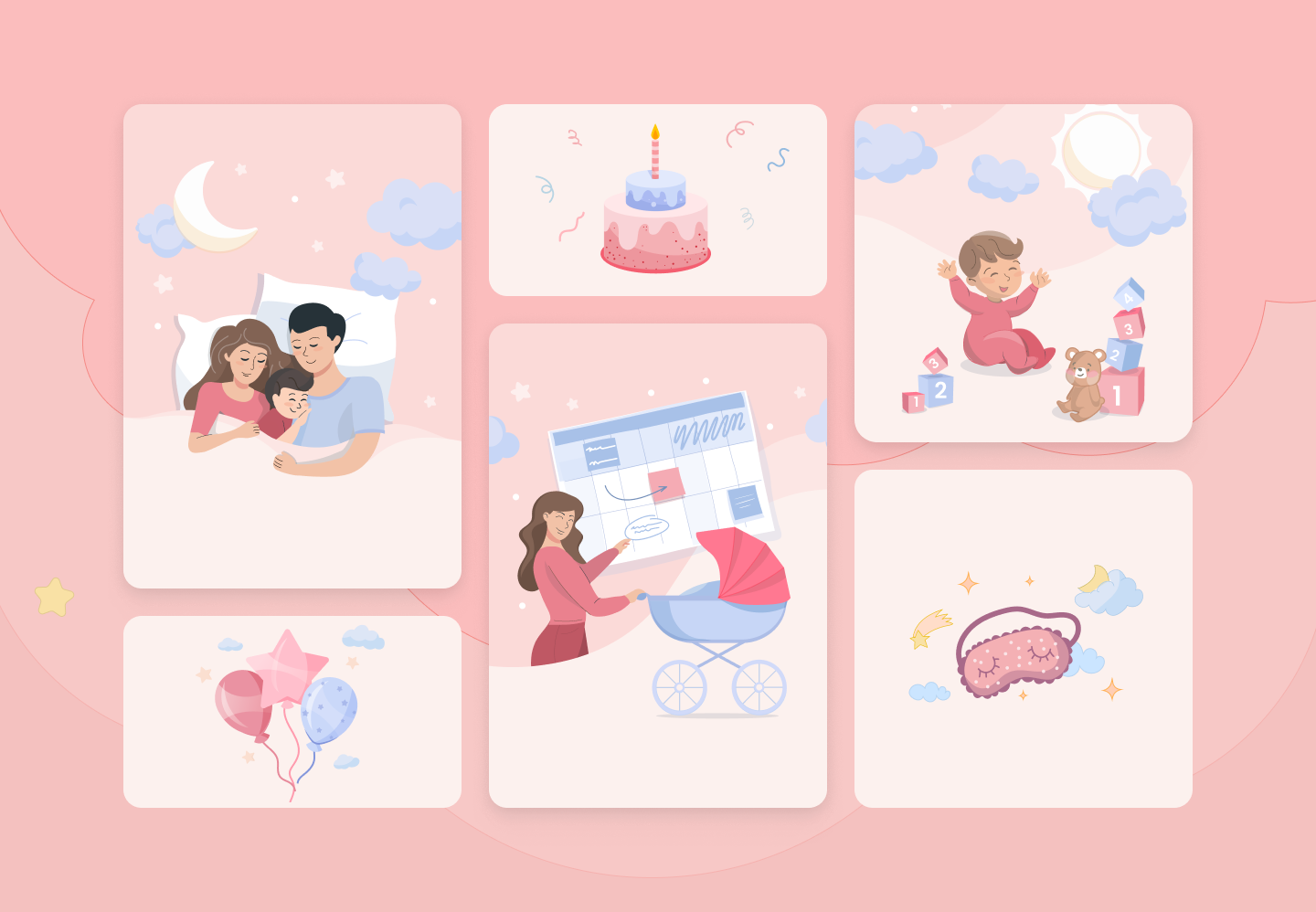 Illustration set of a sleeping family, birthday cake, toddler and sleep mask