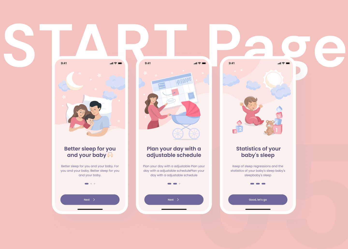 Three illustrated onboarding slides about sleep, scheduling and sleep statistics