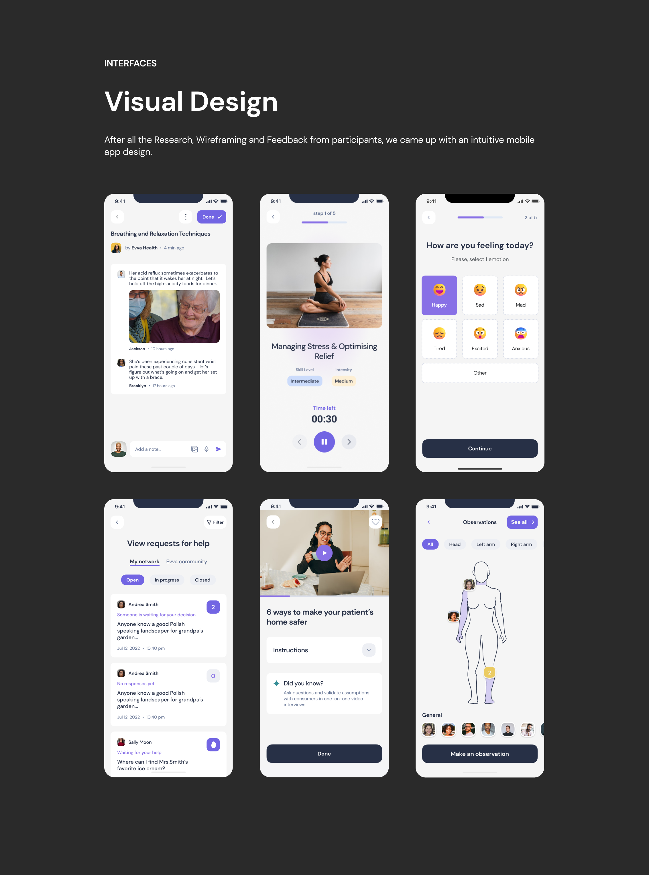 Six screens including care notes, mood check-in, help requests and body map