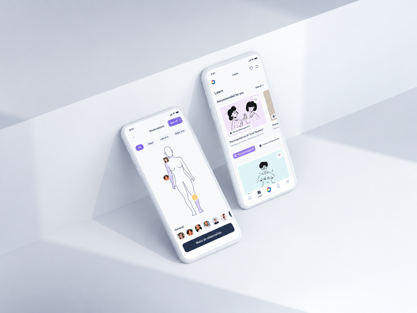 Two phones: a body map for logging observations and a learning feed