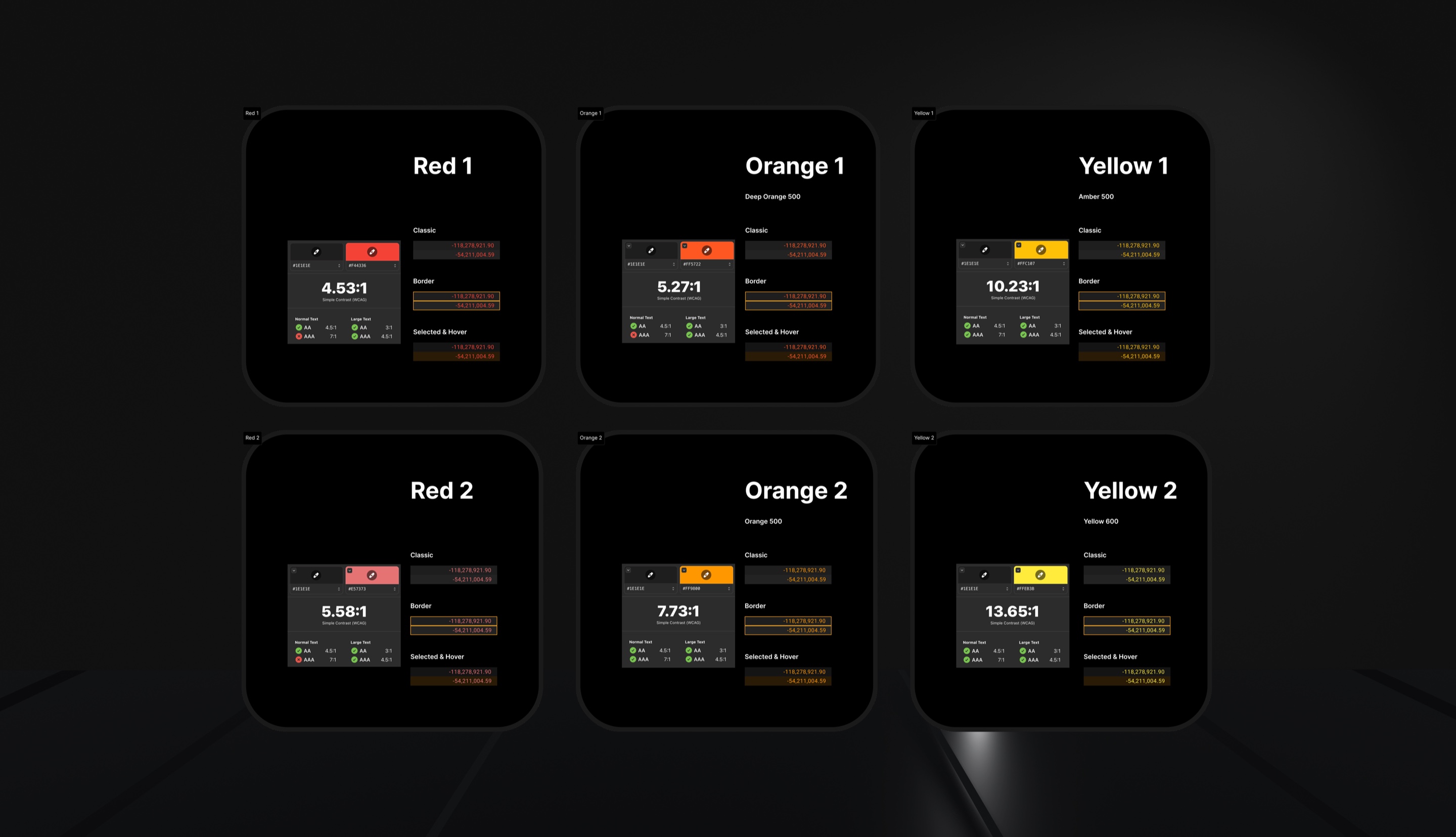 Six candidate status colours, each with contrast ratio, pass marks and sample cells