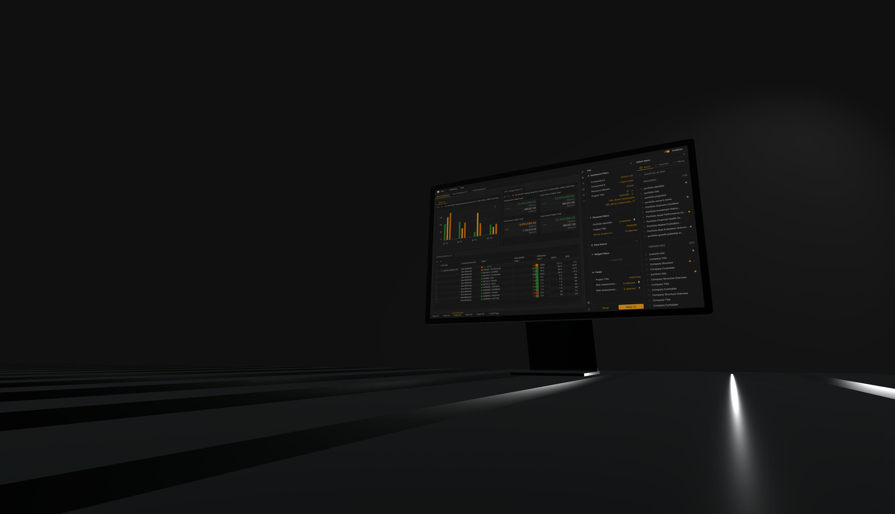 A dense analytical grid with its configuration panel open beside it.