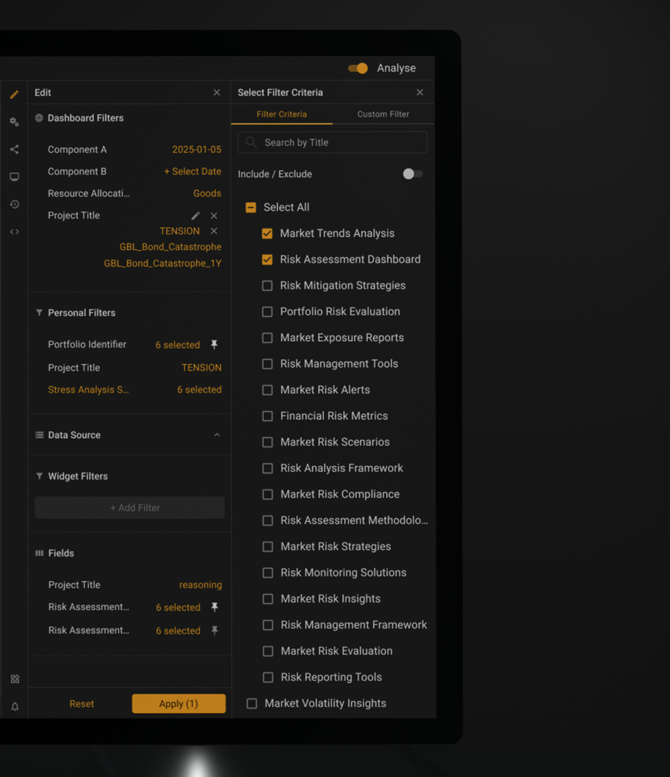Filter builder picking criteria from a list, with an invert-selection control