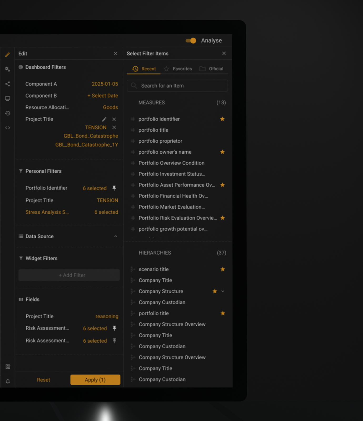 Searchable filter picker with frequently used filters kept to hand