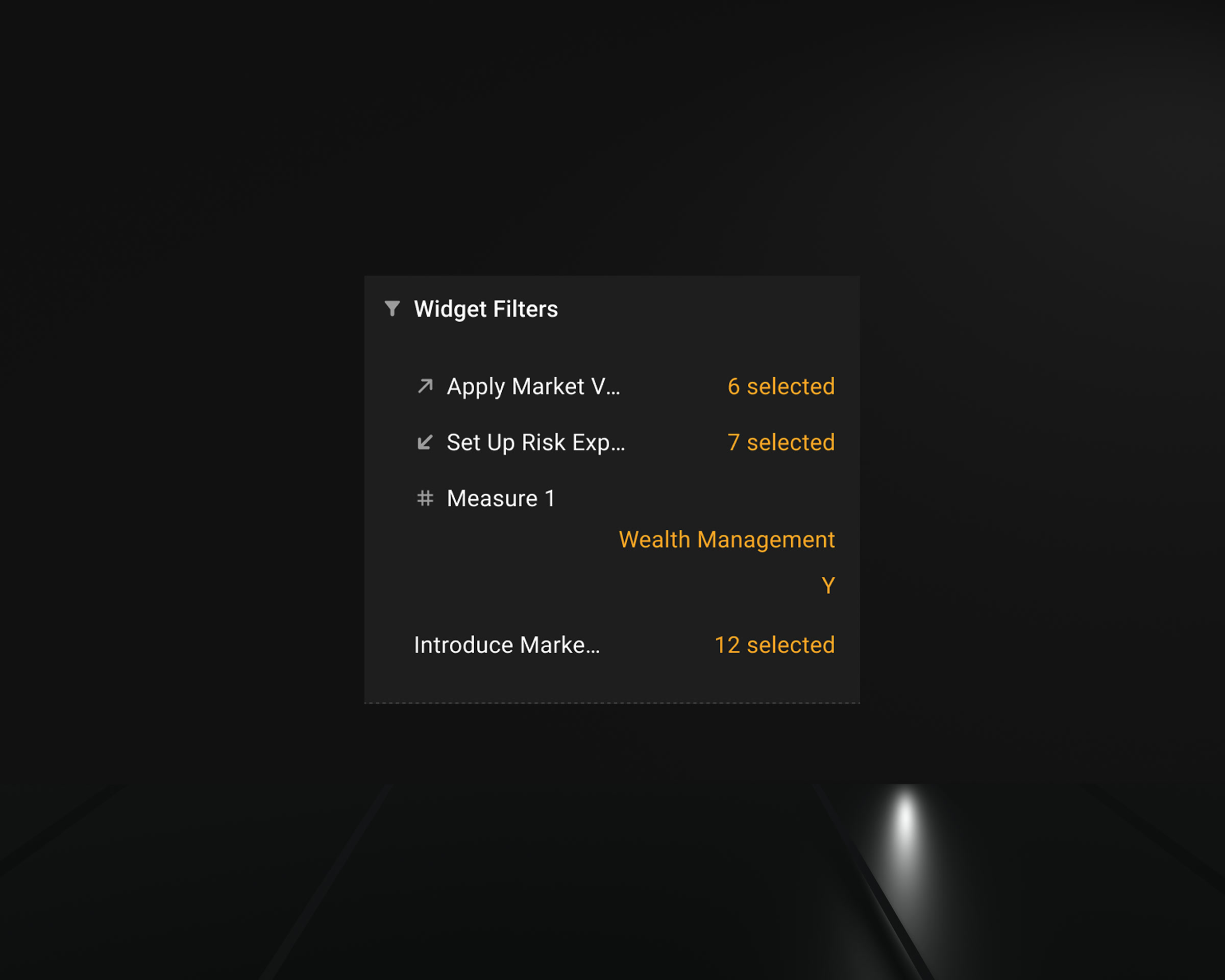 Widget filter list where two filters carry direction markers and the rest carry none.