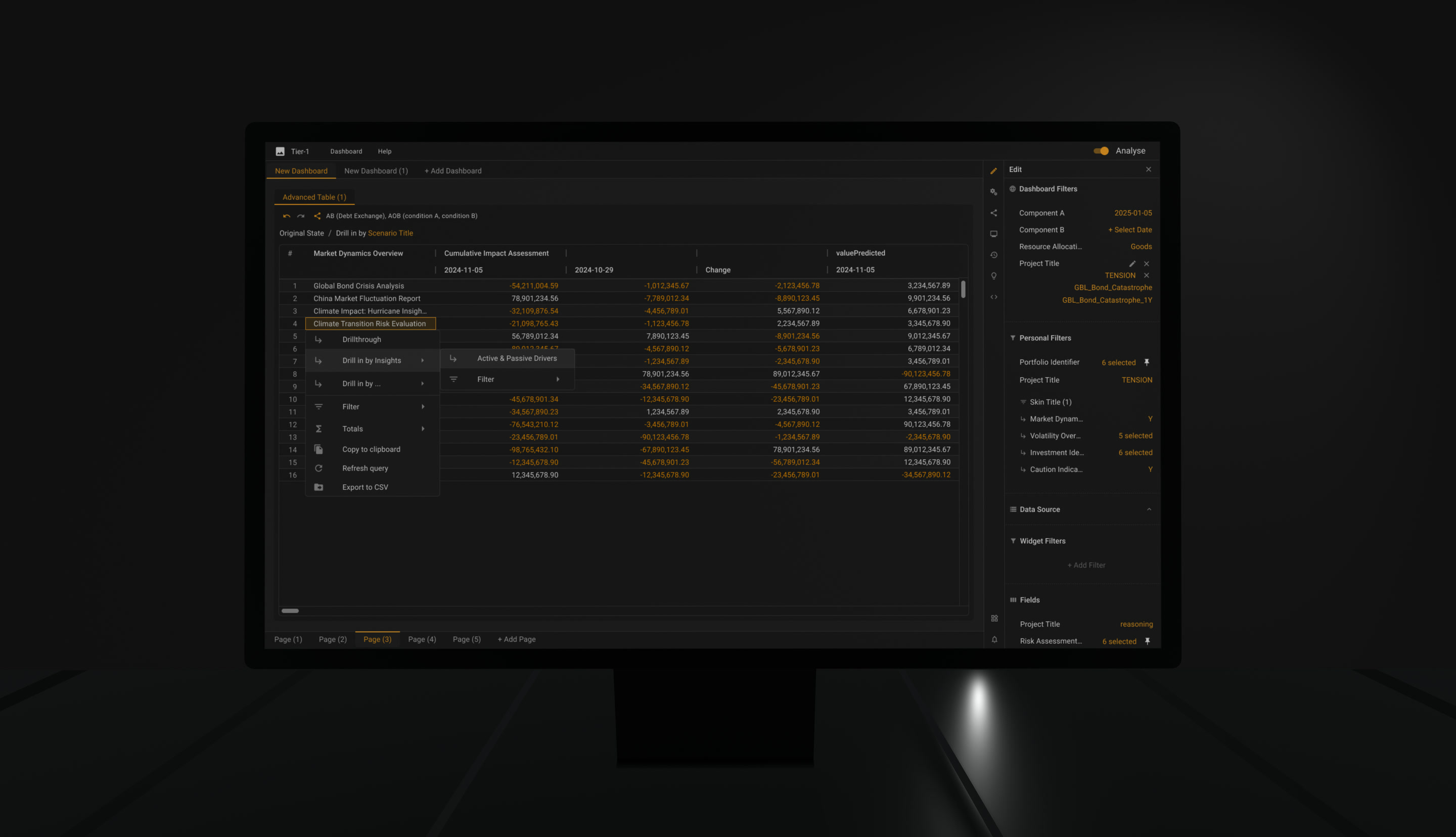 Cell context menu offering a drill-in by active and passive drivers