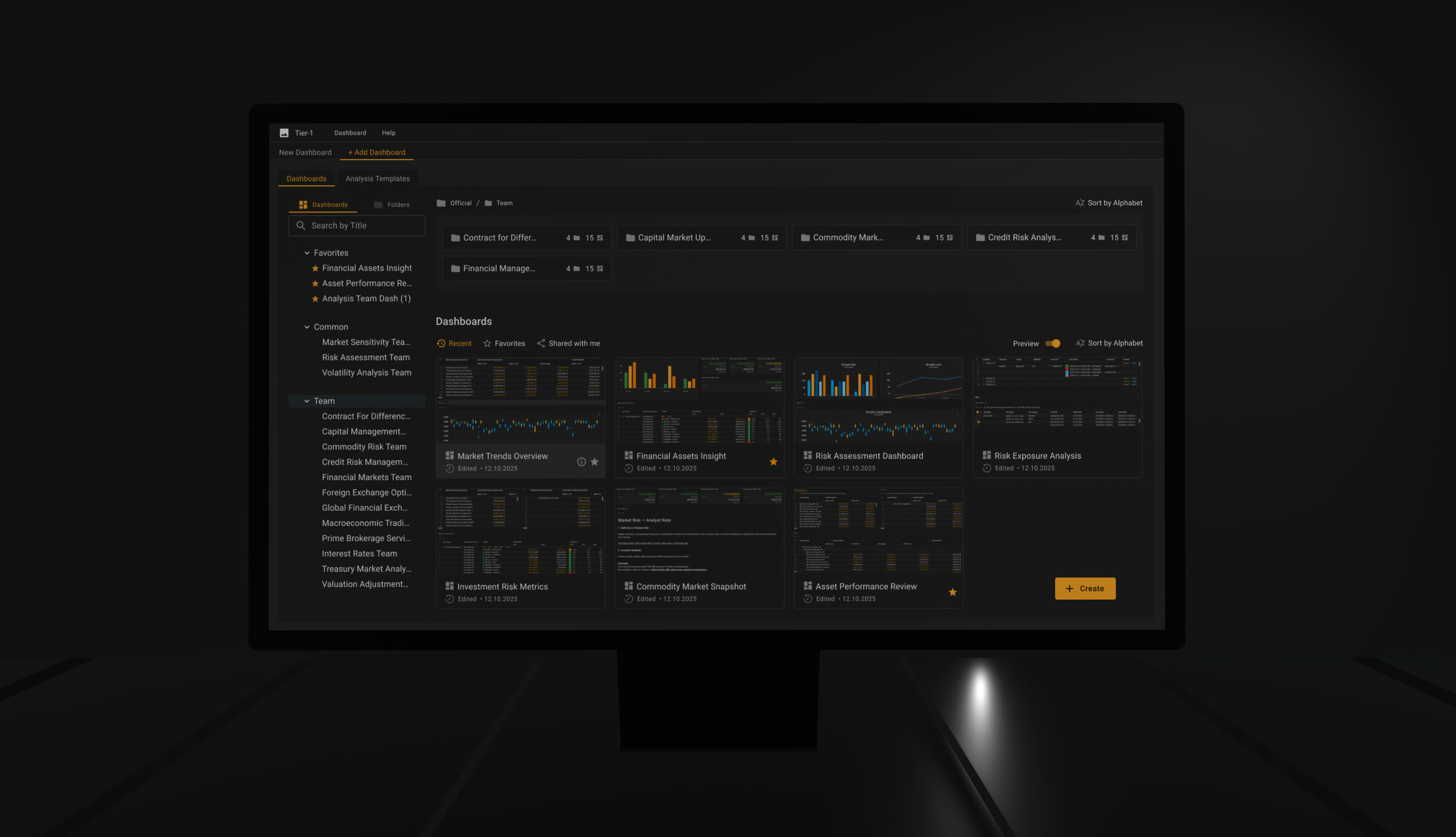 Landing page built from folder and dashboard cards, beside a folder tree