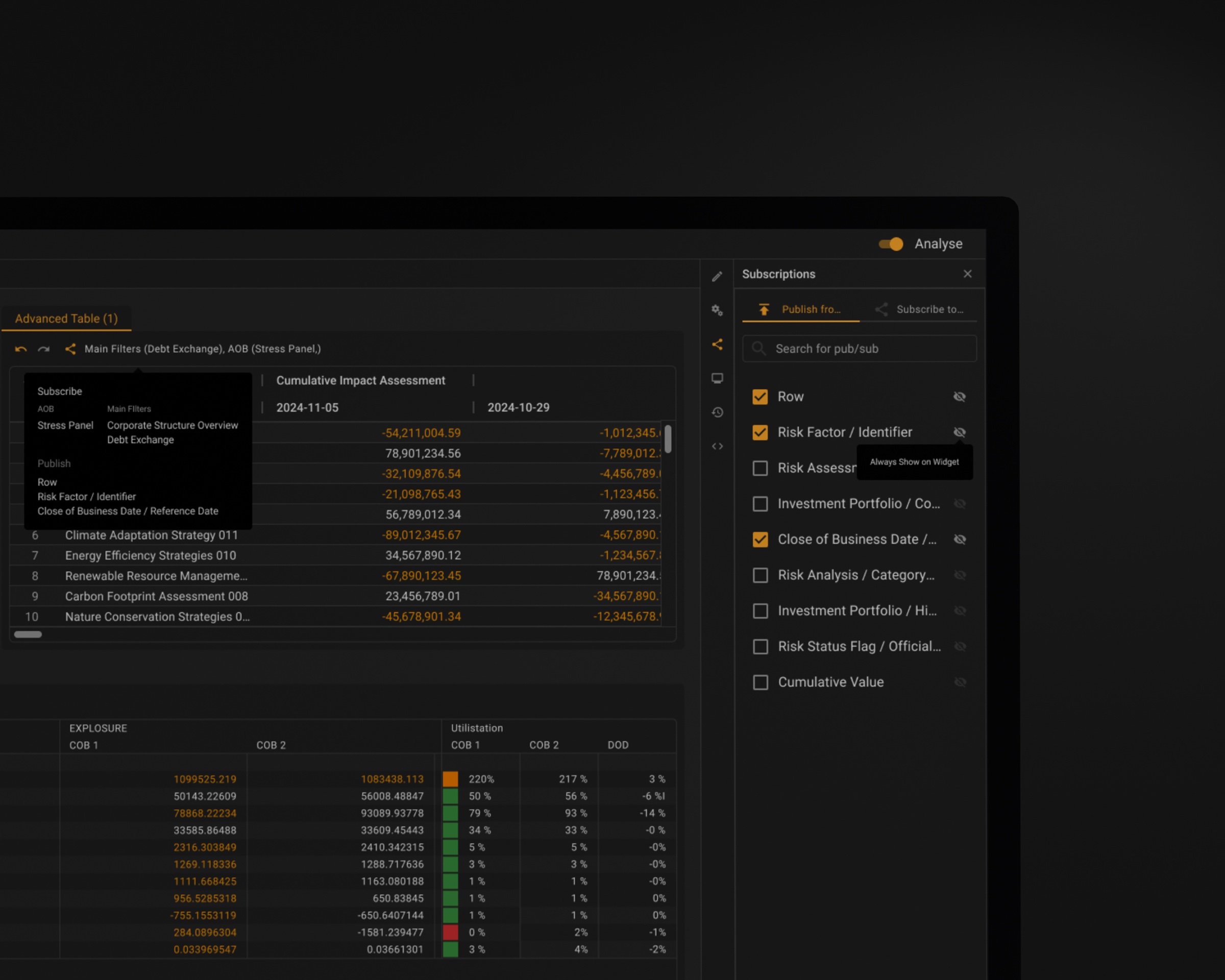 Panel listing what a widget publishes to other widgets