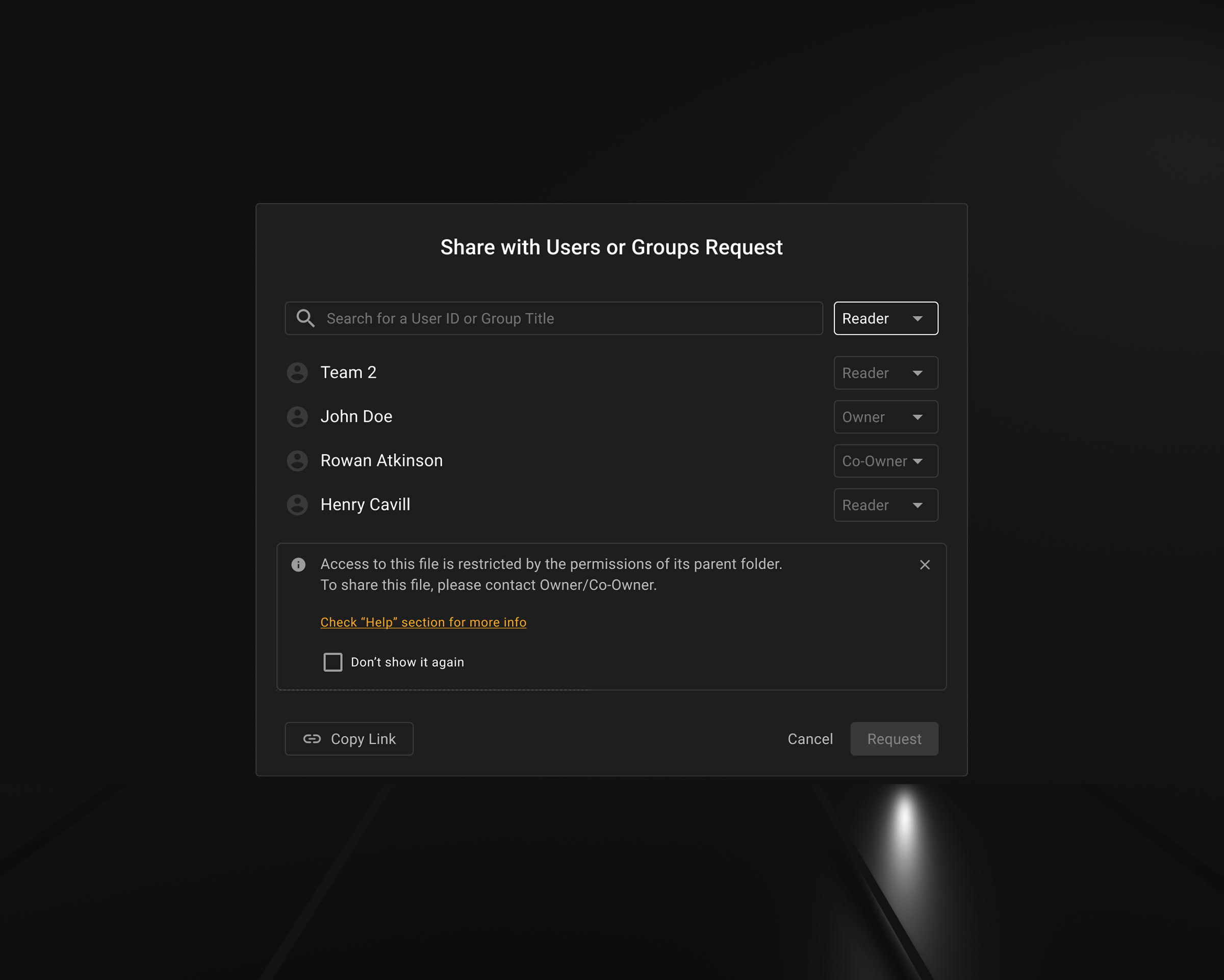 Access roles — reader, co-owner, owner — with folder-inherited permissions