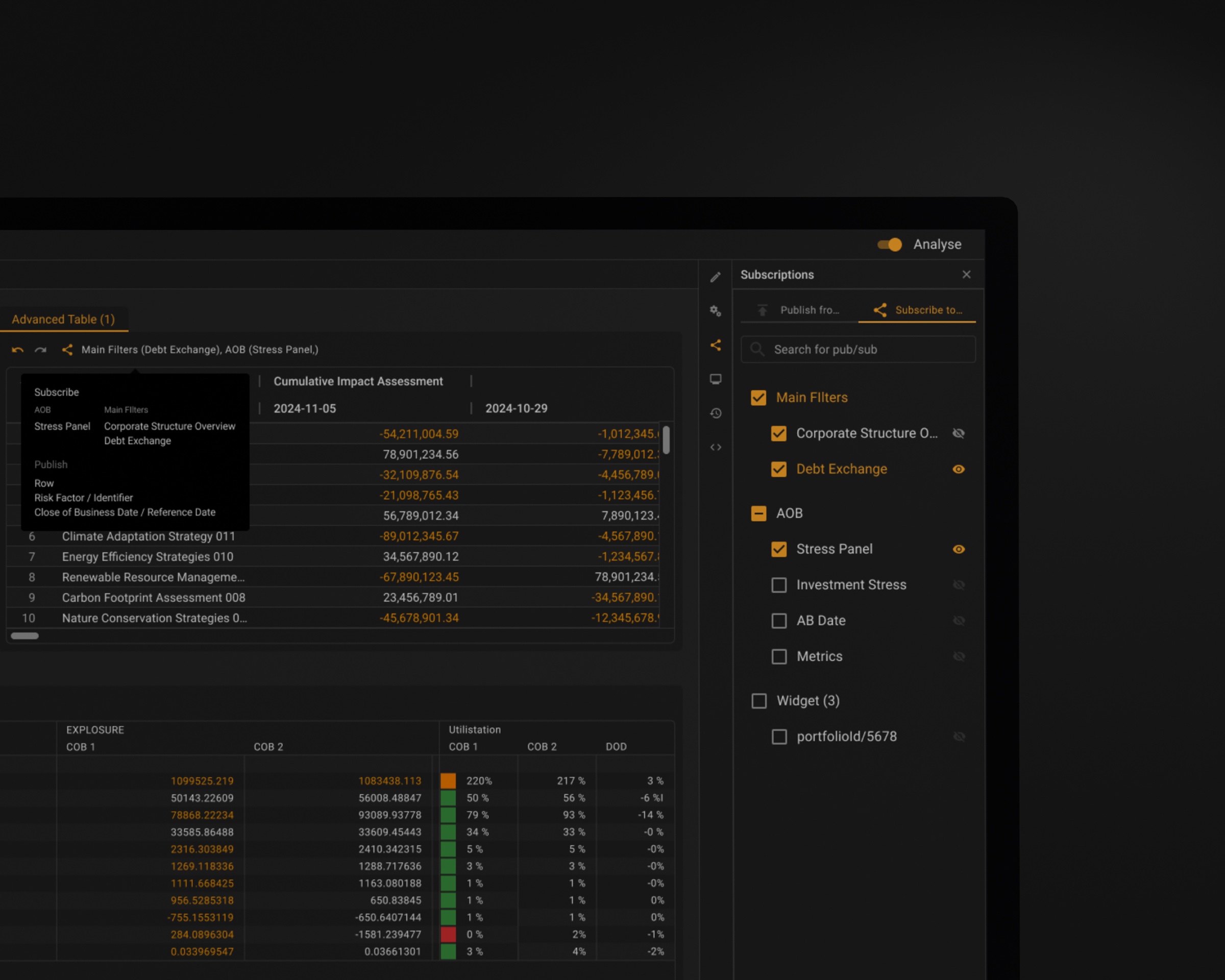 Panel listing the filters a widget subscribes to from other widgets