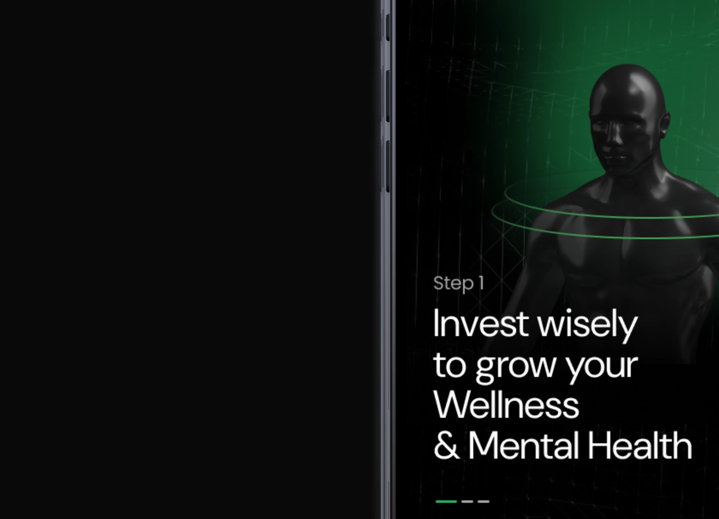 Dark onboarding step with a green-lit 3D human figure and headline