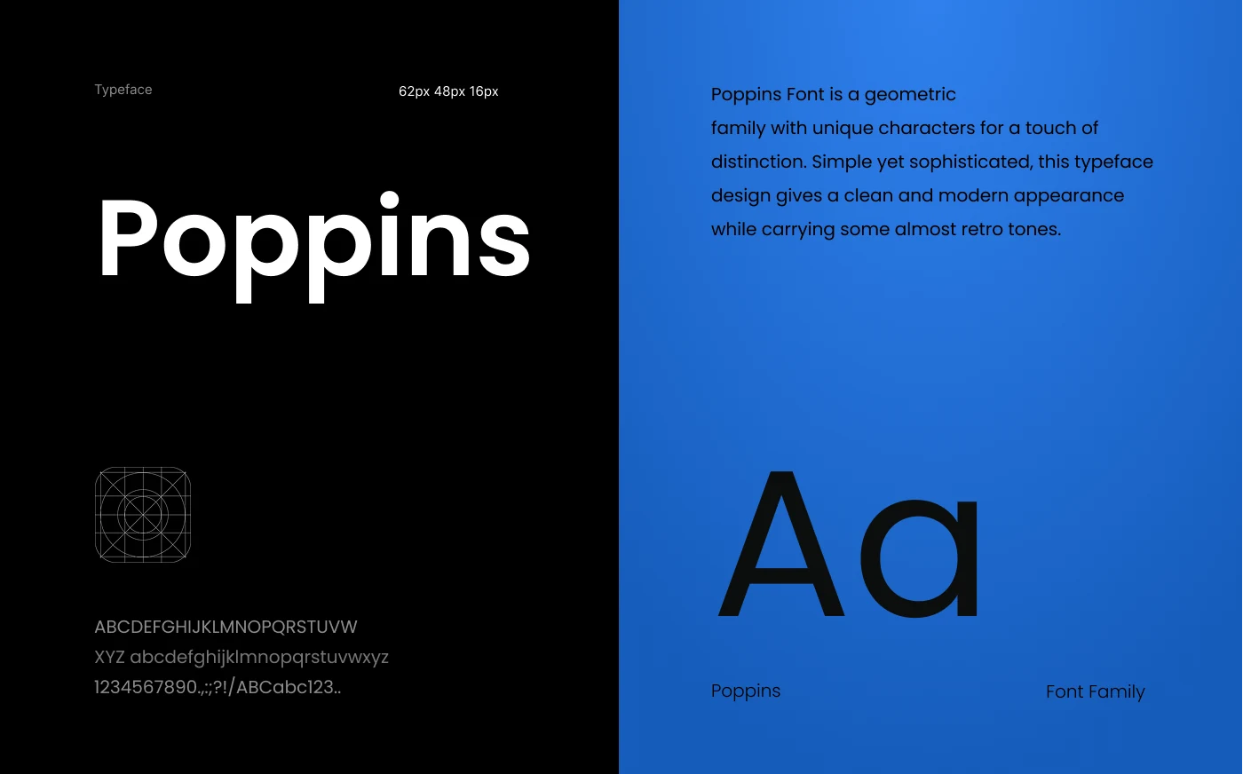 Poppins type specimen with the sizes used and the full character set.