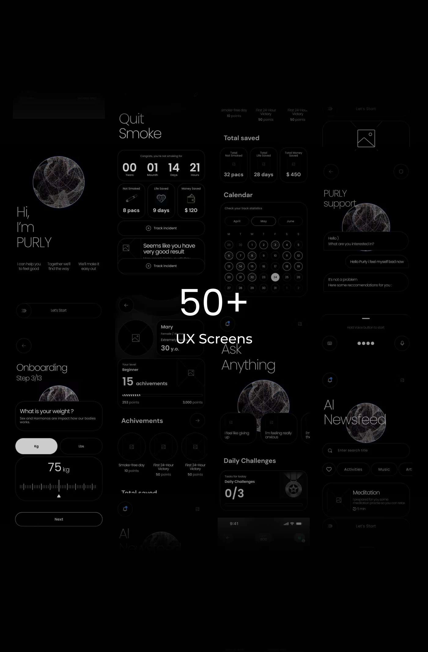 More than fifty UX screens laid out together: onboarding, tracking, achievements, chat and feed.