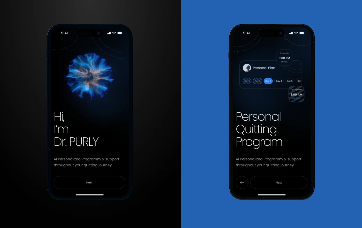 Two screens: the assistant introducing itself, and the personal quitting programme with a time selector.