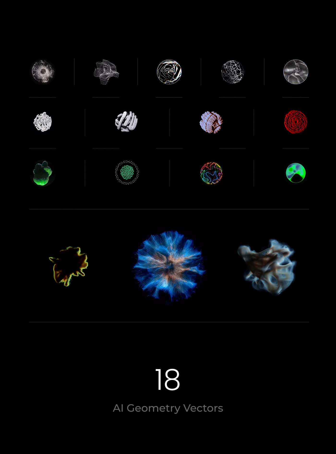 Eighteen variants of the generated geometric form in monochrome and colour.