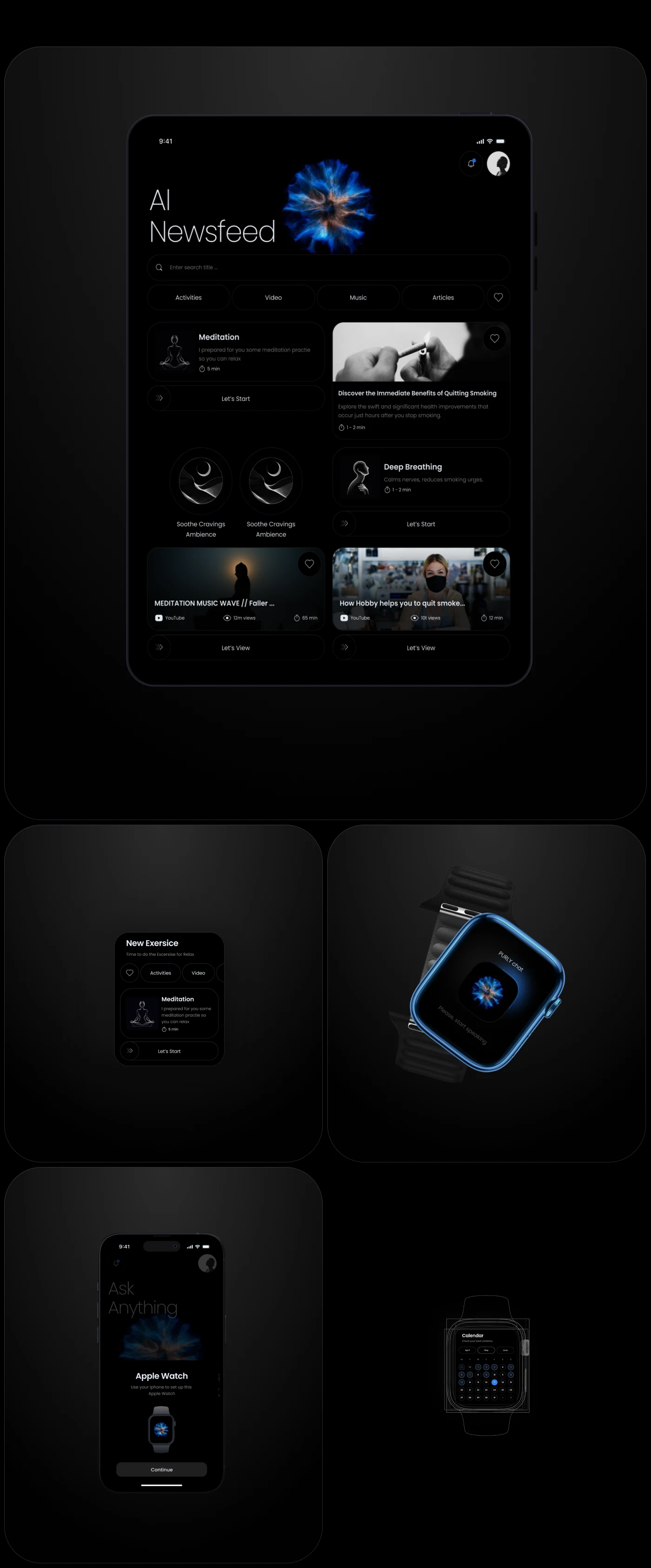 The feed on a tablet in two columns, the watch face, and the pairing flow inside the phone app.