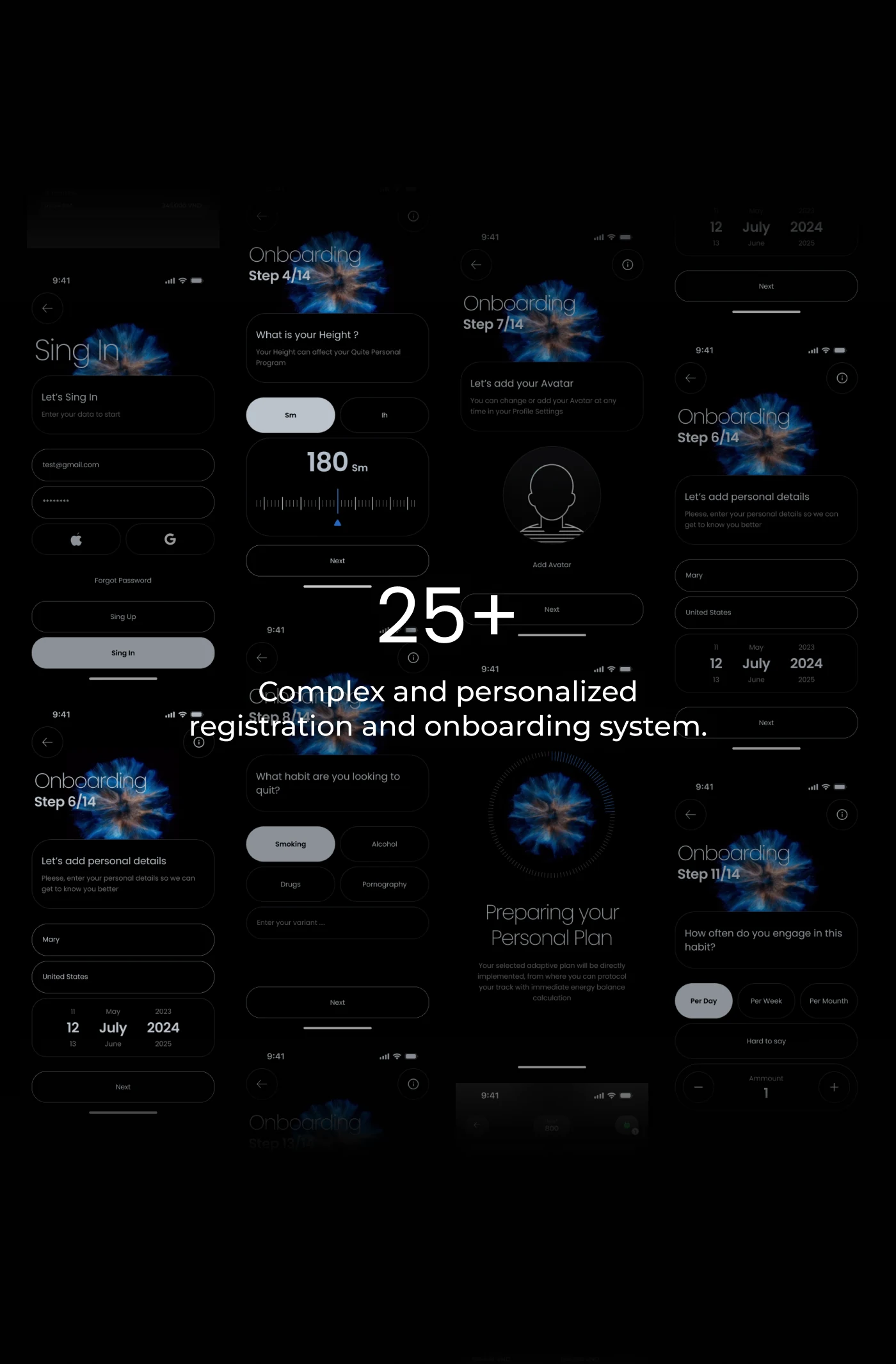 A grid of onboarding screens: sign-in, stepped questions, weight input, habit choice, personal details and the plan being prepared.