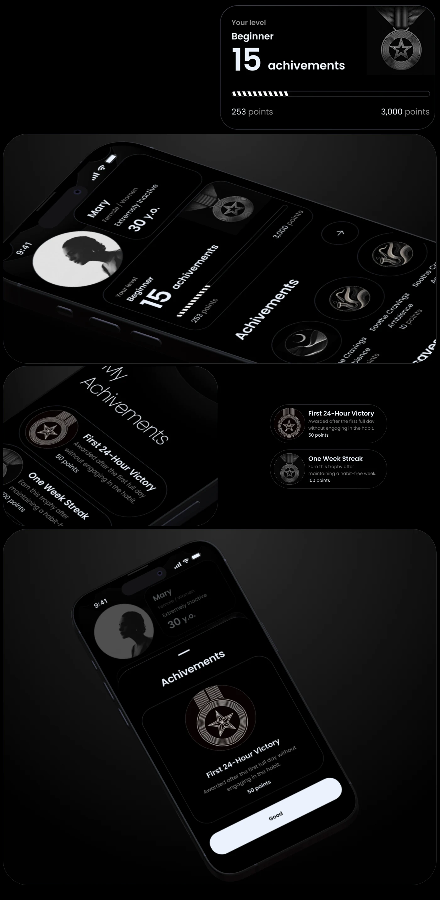 The level card with points against a threshold, the achievements row, and the first twenty-four-hour trophy.