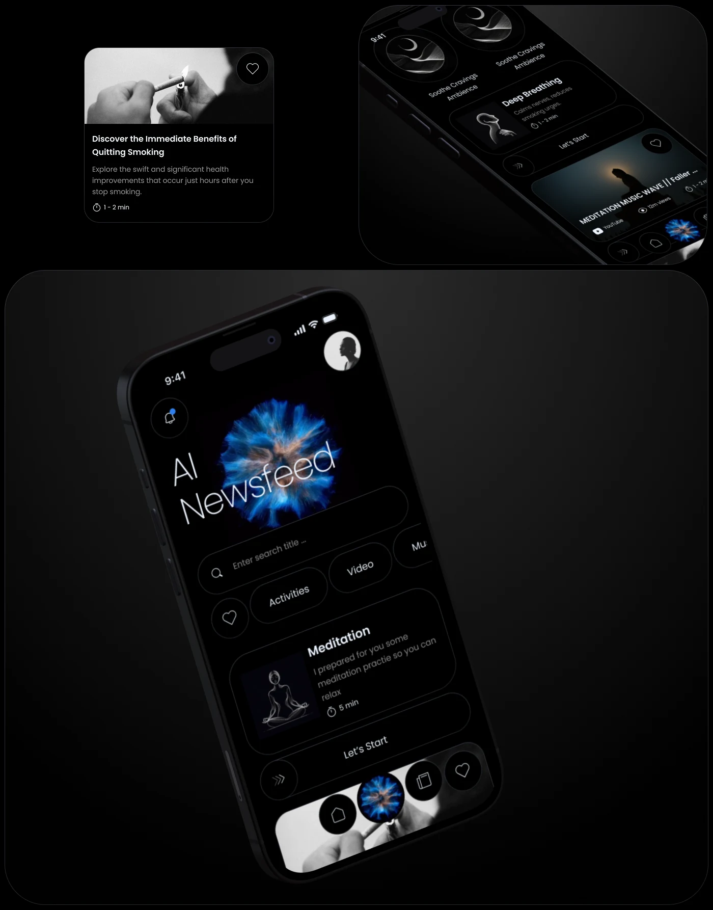The AI feed with search, four filters and cards for meditation, video, music and articles.