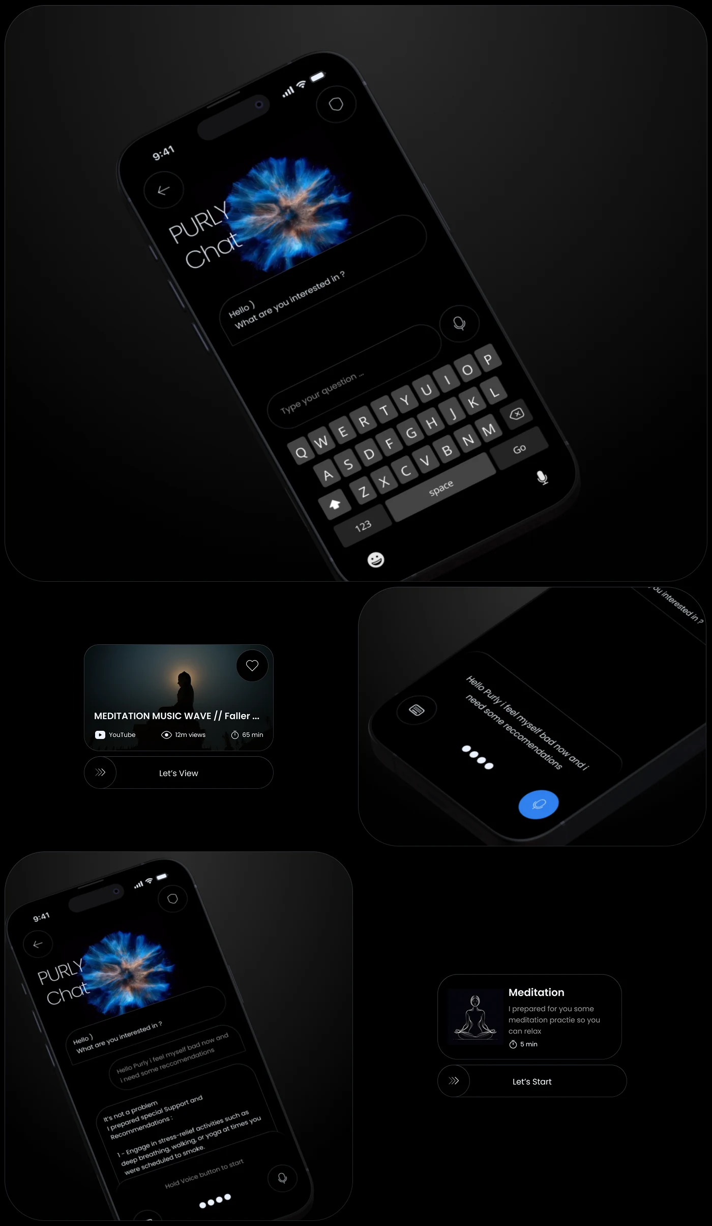 The chat screen with the keyboard open, the thinking state, and a card offering a meditation.